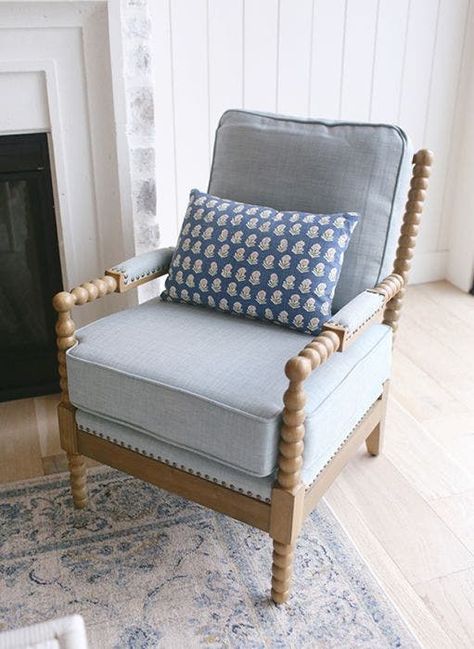 Dusty Blue Upholstered Accent Chair | Antique Farmhouse Blue Accent Chairs, Farmhouse Chairs, House Vibes, Patterned Chair, Coastal Living Room, Sofa Colors, Blue Living Room, Farmhouse Furniture, Antique Farmhouse