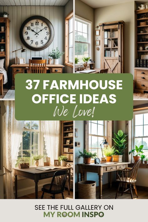 Explore 4 captivating images highlighting 37 cozy farmhouse office ideas that blend rustic decor with modern functionality to boost productivity in your home workspace. Wall Facing Desk Office Ideas, Farmhouse Office Wall Decor Ideas, Home Office Makeover Ideas, Home Office Ideas On A Budget, Home Office Desk In Front Of Window, Rustic Desk Ideas, Country Cottage Office, Farmhouse Office Decor Work Spaces, Workplace Office Decorating Ideas