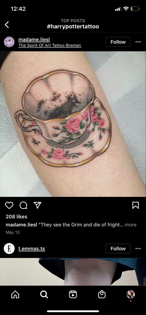 Grim Tea Cup Tattoo, Overflowing Tea Cup Tattoo, Harry Potter Tea Cup Tattoo, Witchy Tea Cup Tattoo, Teacup Tattoo Vintage, Tea Leaves Tattoo, Cup Of Tea Tattoo, Harry Potter Tea, Reading Tattoo