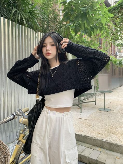 Moon City - Crewneck Cable Knit Plain Crop Sweater | YesStyle Cropped Sweater With Shirt Underneath, Black Crop Sweater Outfit, White Cropped Sweater Outfit, Cropped Knit Sweater Outfit, Crop Sweater Outfit, Cropped Sweater Outfit, Black Crop Sweater, Cropped Outfits, Moon City