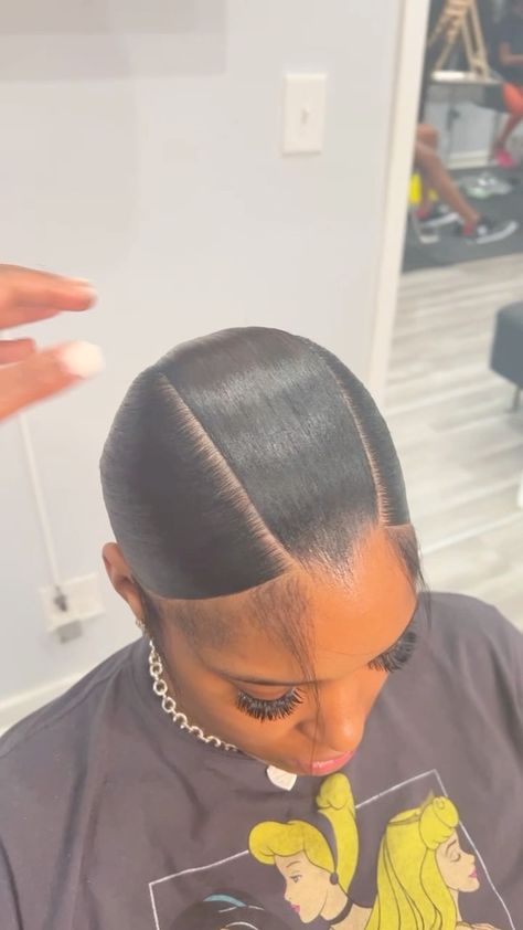 Triangle Slick Back Ponytail, 3d Slick Back Ponytail, 3 Way Part Slick Back, V Slick Back Ponytail, How To Mold Hair For A Ponytail, 3d Part Ponytail, Straight Back Ponytail Black Women, Three Part Slick Back, V Part Slick Back Ponytail Natural Hair