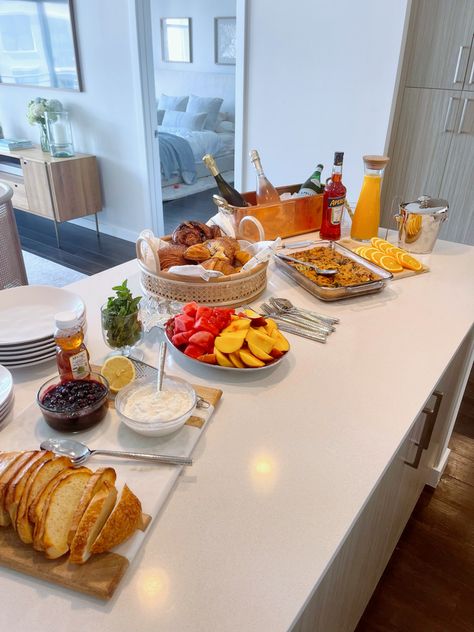 A simple italian brunch featuring ricotta toast, assorted pastries, a spicy italian saisage egg casserole, & an Aperol spritz station! Easy Brunch Setup Ideas, Table Settings For Breakfast, Spritz Station, Breakfast Setup, Assorted Pastries, Italian Brunch, Mom Brunch, Brunch Table Setting, Buffet Set Up