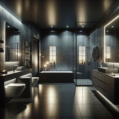 Experience ultimate luxury in this modern bachelor's master bathroom. Accentuated with sleek chrome fixtures, a glass-enclosed rain shower, and a rectangular soaking tub, the space exudes sophistication. Deep blacks and charcoal greys on a minimalist backdrop create a masculine ambiance. #LuxuryBathroom #BachelorBathroom #ModernDesign #HomeInterior #MasculineDecor #BathroomDesign Modern Mansion Interior Bathroom, Bathroom Astethic Dark, Luxury Dark Bathroom, Cuarto Dark, Dark Bathroom Aesthetic Modern, Mr Crawling, Modern Bathroom Design Black, Black Luxury Bathroom Aesthetic, Big Mansions Luxury Modern Black