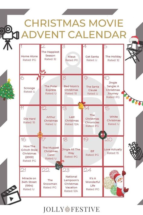 Christmas Film Advent Calendar, Christmas Movies Advent Calendar, Christmas Movies Calendar, Christmas Movie Advent Calendar, Christmas Movie Calendar, Christmas Movie Challenge, Christmas Eve Movie Night, Movie Advent Calendar, Advent Calendar Free Printable