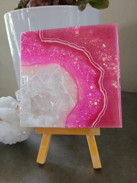 Unique Pink Geode Resin Art - Home Decor Accent Piece Resin Art With Crystals, Pink Resin Art, Art With Crystals, Geode Resin Art, 3d Crafts, 3d Paintings, Pink Geode, Painting 3d, Geode Art