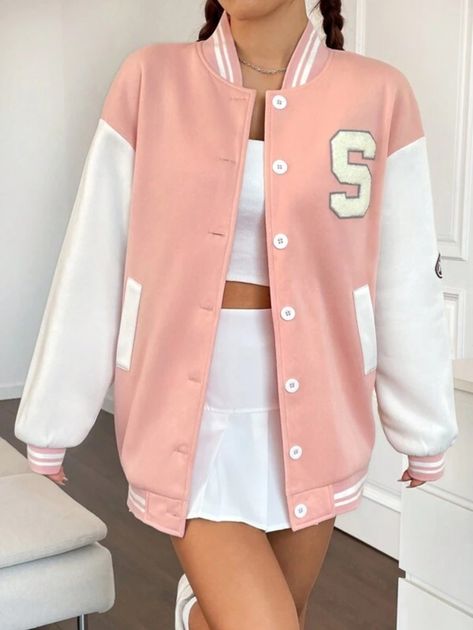 SHEIN Qutie Letter Patched Striped Trim Drop Shoulder Varsity Jacket in pink? It's a casual style jacket with letter and colorblock patterns. The baseball collar and drop shoulder sleeves add a cool touch. I think it would be a great choice for a casual outfit! 😊🧥 #casualstyle #varsityjacket #letterpattern Varsity Jacket Outfit Pink, Pink Varsity Jacket Outfit, Edgy Leather Jacket, Varsity Jacket Outfit, Varsity Jacket Women, Cute Modest Outfits, Funky Outfits, Women Jackets, Jacket Outfit