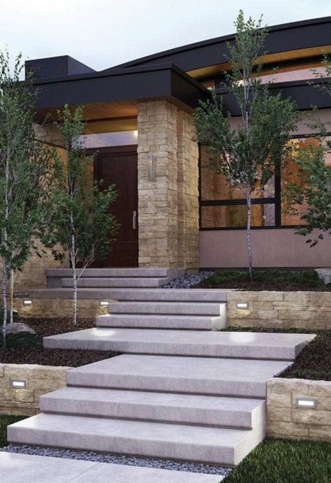 Landscape Stairs, Modern Front Yard, Stone Steps, Garden Stairs, Front Garden Design, Exterior Stairs, Mountain Design, Outdoor Stairs, Concrete Steps