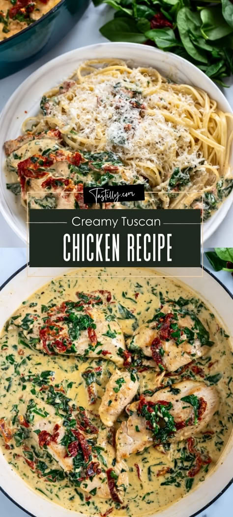 Tuscan Chicken Recipe - Tastilly Tuscany Chicken, Tuscan Chicken Recipe, Garlic Spinach, Tuscan Chicken, Sun Dried Tomatoes, Mediterranean Diet Recipes, Chicken Dishes Recipes, The Sauce, Sun Dried