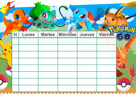 Horario para estudiantes con un fondo de Pokémon Go muy colorido en PDF para imprimir. Descarga gratis. Free School Labels, Pokemon Calendar, Pokemon Names, School Timetable, Calendar Vector, Iron On Labels, Pokemon Birthday Party, School Images, Rainbow Clipart