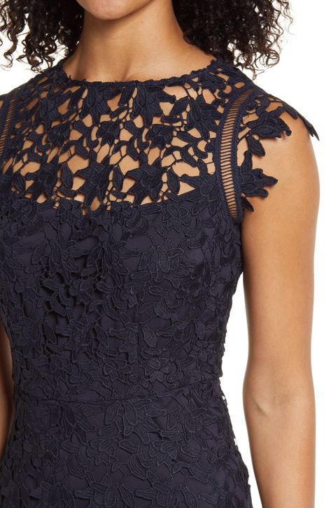 An unlined yoke and an uneven hem highlight the exquisite lace work covering this chic cocktail dress. 37 1/2" to 44" length (size 8) Hidden back-zip closure Jewel neck Cap sleeves Partially lined 100% polyester Dry clean Imported Women's Clothing Cocktail Dress Inspiration, Cocktail Dress Outfit, Navy Blue Cocktail Dress, Black Lace Cocktail Dress, Chic Cocktail Dress, Eliza Dress, Coctail Dresses, Light Pink Dress, Cocktail Dress Wedding