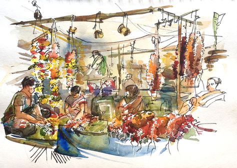 goa_market_flower1 Goa Market, Sketch Indian, Urban Sketchbook, Architecture Renders, Panjim Goa, Sketching People, Memory Drawing, Watercolor Sketching, Urban Sketches