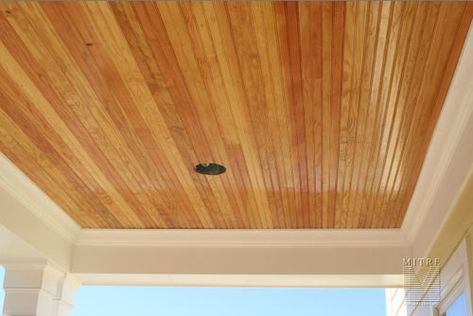 Porch ceiling with a pine 3.5" beadboard application, finished in a clear polyurethane Stained Beadboard Ceiling, Beadboard Porch Ceiling, Stained Beadboard, Vinyl Beadboard, High Ceiling Lighting, Porch Ceiling, Beadboard Ceiling, Ceiling Treatments, Bathroom Ceiling