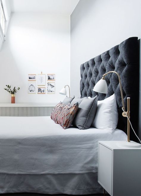 Interiors | Stockholm Apartment Charcoal Velvet Bed, Grey And Gold Bedroom, Charcoal Bedroom, Bed Heads, Stockholm Apartment, White Interior Design, Relaxing Bedroom, Velvet Bed, Bedroom Goals