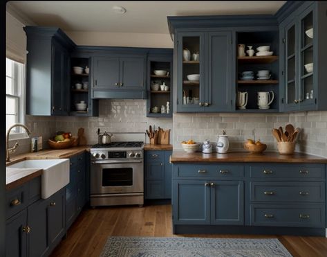 Blue-gray kitchen cabinets have become a popular choice for homeowners who want a modern yet timeless look. This sophisticated shade blends the calmness of Light Blue Kitchen Cabinets Dark Counters, Slate Blue Kitchen, Blue Cabinets Kitchen, Blue Grey Kitchen, Blue Gray Kitchen, Kitchen Cupboard Colours, Blue Gray Kitchen Cabinets, Dark Brown Bedrooms, Small Space Bathroom Design