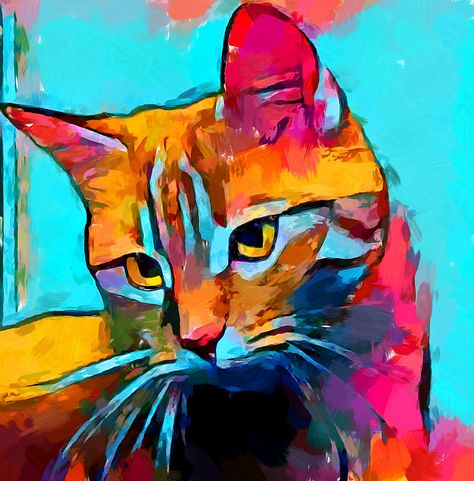 Cat Art Painting, Cat Portrait Painting, Pop Art Cat, Painting Fur, Cat Artwork, Art Cat, Colorful Animals, Arte Animal, Cat Colors