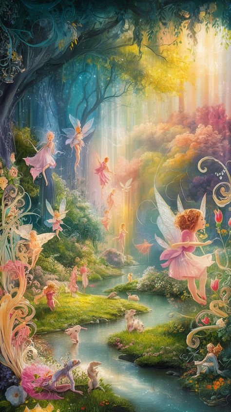 Immerse yourself in a magical realm with this enchanting fairy tale wallpaper. A vibrant forest comes alive with delicate fairies, shimmering wings, and playful woodland creatures. The serene brook and lush greenery evoke dreamy Impressionist hues, combined with intricate Art Nouveau patterns and surreal details. Perfect for nature lovers seeking a whimsical escape, this stunning wallpaper brings nostalgia and wonder to any space. Fairy Tale Wallpaper, Fairy Aesthetic Wallpaper, Fairytale Wallpaper, Magical Wallpaper, Whimsical Wallpaper, Garden Forest, Fairy Tale Forest, Animal Print Background, Fairy Tale Illustration