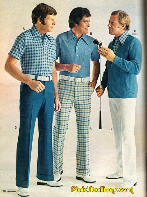 These outfits make me think of Lee Majors *and* Ken dolls. Swoon! Retro awesomeness. 70s Golf Fashion, 70s Menswear, 1960s Mens Fashion, 70s Men Fashion, 60s Mens Fashion, Grandpa Fashion, 70s Fashion Men, 70s Fashion Outfits, Retro Golf