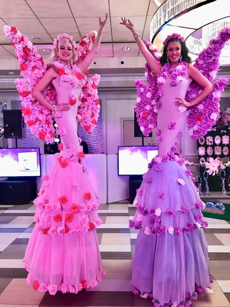 Butterfly Flower Stilts Walkers NY, NJ, CT Catwalk Runway Stage Set Design, Stilt Walker Costume, Mermaid Performance, Pink Showgirl Costume, A Midsummer Night's Dream Set Design, Mushroom Woman, Stilt Walker, Honeycomb Candy, Stilt Costume