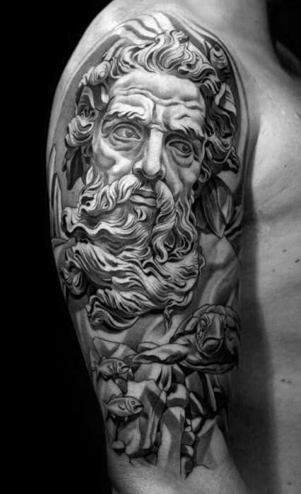 Half Sleeve 3d Socrates Tattoos For Gentlemen Moses Tattoos For Men, Tatoos Snake, Juncha Tattoo, Moses Tattoo, Jun Cha Tattoo, Shading Tattoo, Poseidon Tattoo, Kunst Tattoos, Statue Tattoo