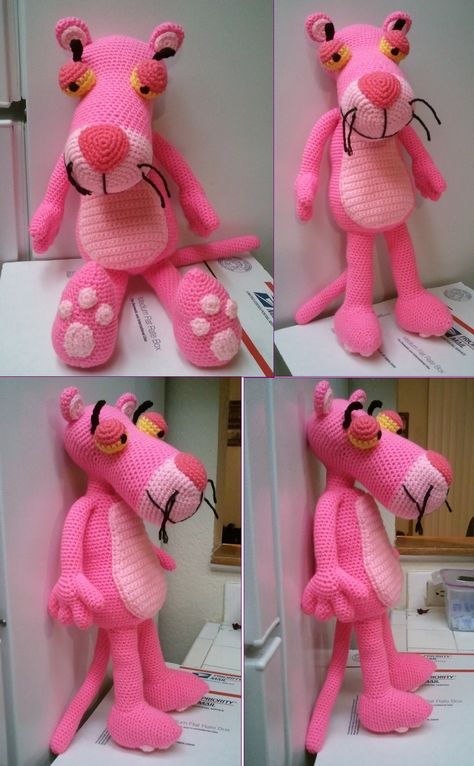 My Pink Panther 2 (pattern by Erin Toy Store) Pink Panther Crochet, Crochet Pink, Crochet Teddy, Pink Panther, Yarn Tail, Pink Yarn, Pink Panthers, Crochet Round, Crochet Free