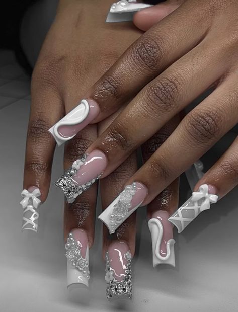 Nail Inspo White And Silver, Bling Nails Birthday, Birthday Nail Set Ideas Coffin, Gold And Milky White Nails, Birthday Nails White And Silver, White Sets Nails, Baddie French Tip Nails With Design, Long Acrylic Nails Extra, Cute Extra Nails