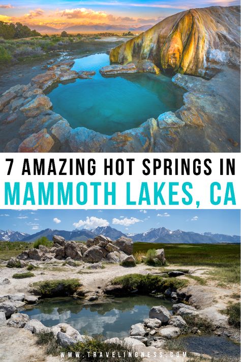 Two different and stunning hot spring pools that are steamy warm to dip into near Mammoth Lakes, California. Mammoth Hot Springs California, Hwy 395 Road Trip, Mammoth Lakes California Summer, Natural Hot Tub, Hot Springs California, California Hot Springs, Mammoth California, Mammoth Hot Springs, Mammoth Lakes California