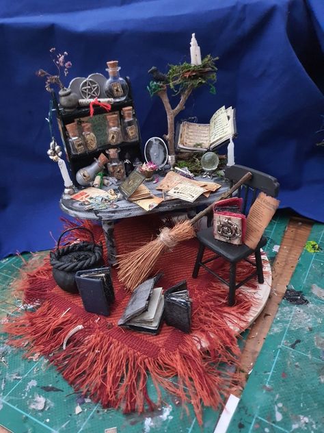 Tiny items all made by hand in exquisite detail. I post world wide. Witchy Miniatures, Witch Miniatures, Witches Table, Witch Dollhouse, Witches Room, Witch Table, Apothecary Table, Tarot Shop, Hot Glue Art