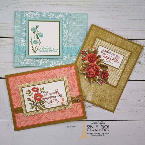 Beautifully elegant handmade cards using the Softly Sophisticated stamp set and the Softly Stippled patterned paper from Stampin' Up!®️ Earn these items for free during Sale-A-Bration 2024. Stampin Up Sale A Bration 2024 Cards, Stampin Up Softly Stippled Dsp, Stampin Up Softly Sophisticated, Stampin Up New Catalog 2023-2024 Cards, Stampin Up Sale A Bration 2024, Softly Sophisticated Stampin Up Cards, Saleabration 2024, Mystery Crafts, Rubber Stamping Techniques