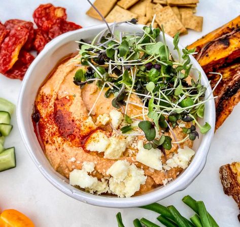 Whipped roasted red pepper feta dip – Sea-Suite Kitchen Spicy Red Pepper Feta Dip, Red Pepper Feta Dip, Hummus Recipe Homemade, Garlic Dip, Raw Garlic, Feta Dip, Homemade Hummus, Colorful Vegetables, Roasted Red Pepper