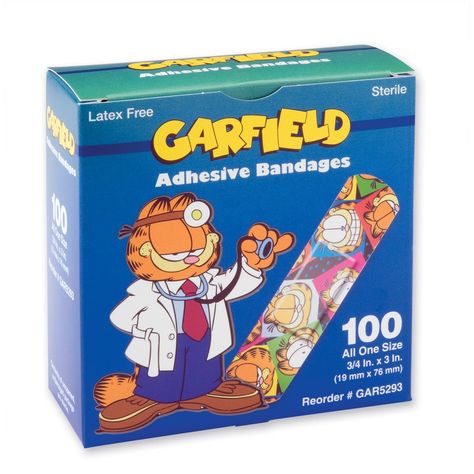 PRICES MAY VARY. Garfield Bandages - 100 per pack Latex Free. Garfield's friendly and feisty personality will make kids smile! Each box of Garfield® Bandages contains 100 latex-free standard bandages and features a colorful Garfield-themed design! Garfield's timeless appeal is a perfect addition to your character bandage assortment for your medical office or school. Odie Garfield, Cartoon Garfield, Quotes Cartoon, Garfield Quotes, Fat Orange Cat, Garfield Pictures, Kid Design, Garfield Images, Garfield Cartoon