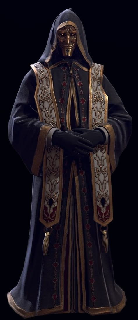 Evil Cultist Art, Warrior Priest Art, Fantasy Council Meeting, Evil Priest Character Design, Priest Robes Concept Art, Drow Priest, Masked Cleric, Evil Priest Art, Demonic Priest