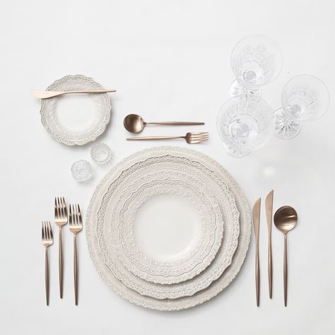 RENT: Lace Chargers/Dinnerware in White + Moon Flatware in Brushed Rose Gold + Czech Crystal Stemware + Antique Crystal Salt Cellars  SHOP: Moon Flatware in Brushed Rose Gold Rose Gold Flatware, Dining Room Essentials, Luxury Cutlery, Vintage Goblets, Crystal Goblets, Salt Cellars, China Rose, Luxury Tableware, Crystal Stemware