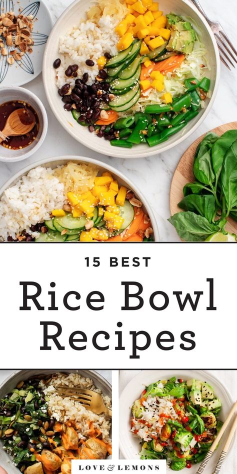 These easy rice bowl recipes are perfect for weeknight dinners or make-ahead lunches. They're flexible, healthy, and delicious, too! Vegan options included. | Love and Lemons #rice #mealprep #dinnerideas #cleaneating Easy Vegetarian Rice Bowls, Meal Prep Rice Bowl, Rice Bowl Meal Prep, Healthy Rice Bowl Recipes, Easy Rice Bowl Recipes, Healthy Rice Bowl, Rice Bowl Recipes, Rice Bowls Healthy, Rice Meals