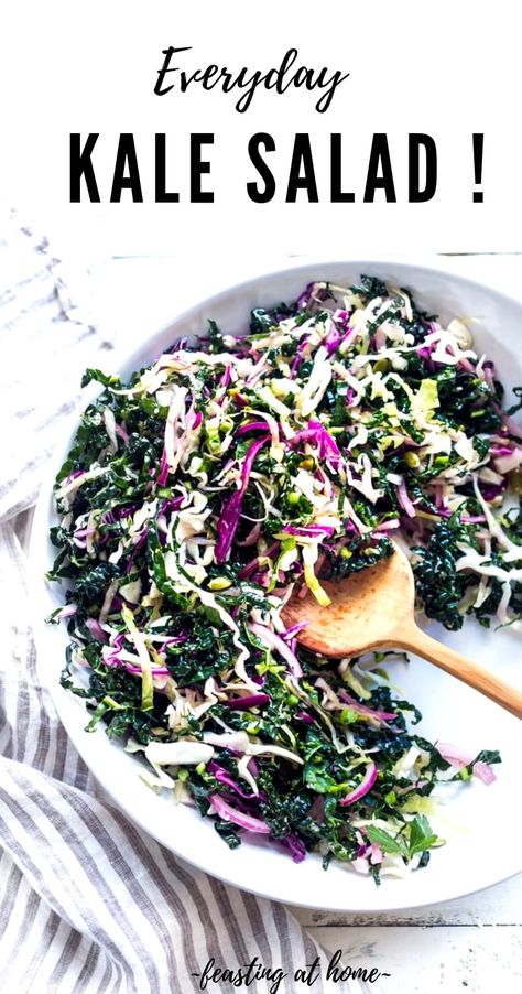 Everyday Kale Salad with simple Lemon Dressing can be made ahead, then used DAILY to top off tacos, wraps, buddha bowls, burgers, and even pizza during the week! Vegan and Gluten Free, this amazing kale slaw keeps for up to five days in the fridge. Meal Prep Savior! #kale #kalesalad #kaleslaw #mealprep #everydaysalad #kale #simplesalad | www.feastingathome.com Fridge Meal Prep, Kale Slaw, Buddha Bowls, Kale Recipes, Lemon Vinaigrette, Yummy Salad Recipes, Vegan And Gluten Free, Vegan Salad, Kale Salad