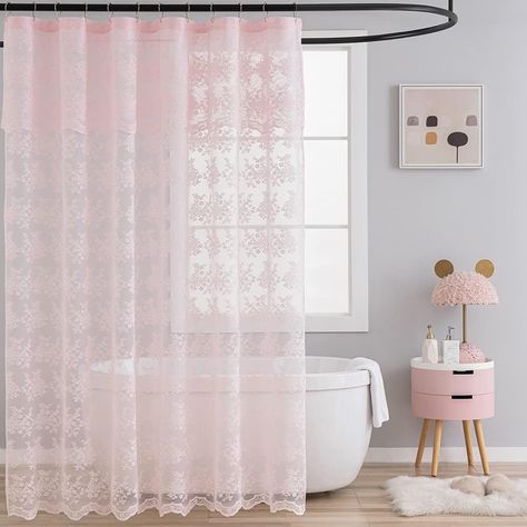 PRICES MAY VARY. Ready Made Pink Lace Shower Curtain - Package contains 1 panel 72 x 84 inch shower curtain with attach valance features 6 reinforced holes top. Pink shower curtain with the size of 72-inch width by 84-inch length. Vintage Floral Pattern - Pink Boho Shower Curtain features retro floral lace scalloped edges and exquisite workmanship, creating a charming atmosphere for your bathroom. Soft and romantic pink adds a touch of warmth and elegant to your space. High Quality Fabric - Clas Farmhouse Boho Bathroom, Curtains With Attached Valance, Lace Shower Curtain, Girly Shower Curtain, White Marble Shower, Lace Shower Curtains, Bathroom Cute, Shabby Chic Shower, Shabby Chic Shower Curtain