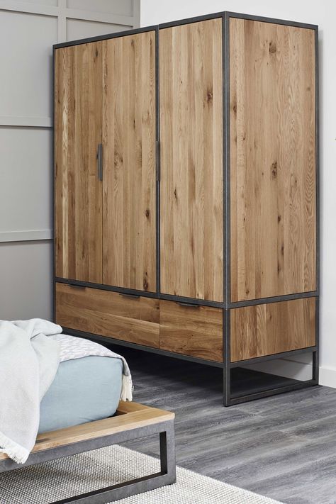 Industrial Wardrobe, Steel Bed Design, Pine Bedroom, Steel Wardrobe, Pine Bedroom Furniture, Iron Furniture Design, Triple Wardrobe, Wood Wardrobe, Oversized Furniture