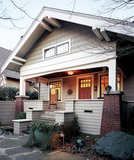 Hallmarks of the Bungalow style include tapered brick piers, a deep front gable, and a welcoming porch. Arts And Crafts House Exterior, Craftsman Exteriors, Bungalow Remodel, Cottage House Exterior, Utah House, Craftsman Trim, Arts And Crafts Bungalow, Bungalow Style House, Bungalow Renovation