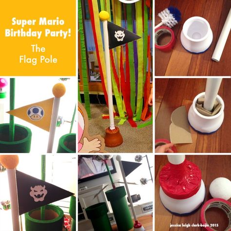 super mario flag pole Mario Flag, Paint Bricks, Super Mario Cupcakes, Mario Kart Party, Mario Bros Birthday Party Ideas, Super Mario Bros Birthday Party, Son Birthday, Flag Diy, Brush Stand