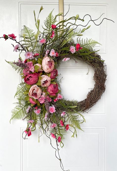 Floral Spring Wreath, Natural Christmas Wreaths Modern, Wreaths For Spring And Summer, Large Spring Wreath, Peony Wreath Front Doors, Fern Wreaths For Front Door, Spring Wreath For Front Door Easy, Spring Wreaths 2024, Pink Wreaths For Front Door