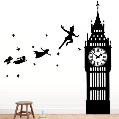 Tattoos Clock, Peter Pan Tattoos, Peter Pan Bedroom, Lost Boys Peter Pan, Peter Pan Tattoo, Neverland Nursery, Tattoos Watercolor, Silhouette Disney, Peter Pan Nursery