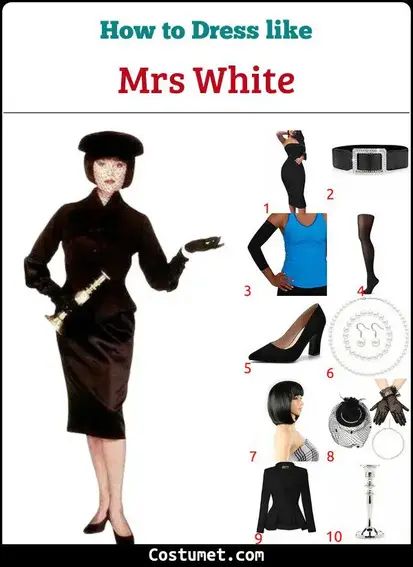 Mrs White (Clue) Costume for Cosplay & Halloween Clue Movie Halloween Costume, Clue Movie Costumes, Mrs White Clue Movie, Mrs White Clue Costume Ideas, Clue Costumes Group, Mrs White Costume Clue, Mrs White Clue Costume, Clue Character Costumes, Clue Halloween Costume