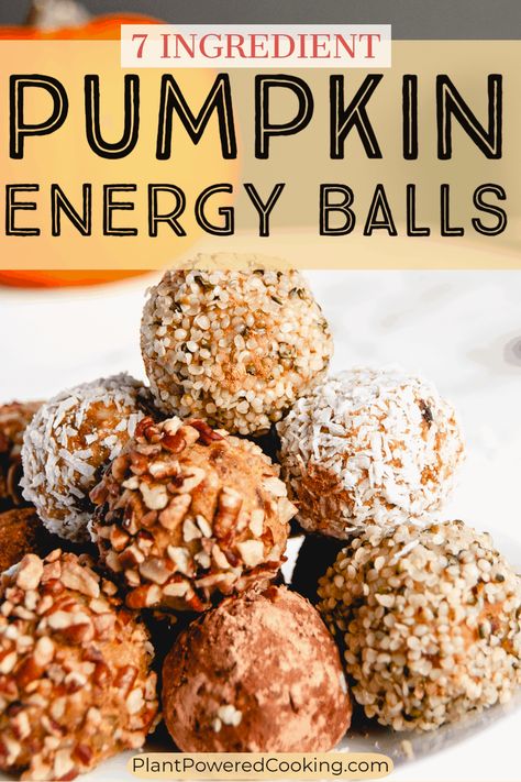 The perfect easy dessert recipe for fall, these pumpkin spice energy balls are full of delicious fall flavor and healthy ingredients. These vegan date balls have no added sugar, lots of spice, and everything nice! They are sweet (without being too sweet), easy to make, and extra healthy. With built-in portion control, they are (obviously) the perfect healthy dessert or snack to keep in your fridge at all times. #EnergyBalls #HealthySnacks #HealthyDessert #PumpkinSpice #DateBalls #NoBakeDessert Vegan Pumpkin Protein Balls, Plant Based Snack Recipes, Plant Based Energy Balls, Healthy Plant Based Snacks, Plant Based Desserts No Sugar, Plant Based Deserts, Plant Based Pumpkin Recipes, Vegan Date Balls, Wfpb Meals