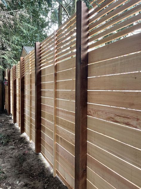 Plank Fence Ideas, Modern Fence With Lattice, Metal Fence Posts Wood Fence, Horizontal Wood Fence With Trellis, Fence With Horizontal Boards, Tall Fencing Ideas, Privacy Fence Makeover, High Fencing Ideas, Modern Fencing Front Yard