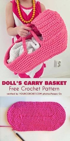 Crochet Doll Clothes Free Pattern, Baby Doll Bed, Crochet Doll Clothes Patterns, Crochet Basket Pattern Free, Crochet Toys Free, Crochet Basket Pattern, Crochet Doll Clothes, Crochet Diy, Crochet Basket