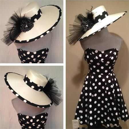 Hannah is wearing black and white polka dots to Derby Day.  Looking for hat ideas today and found this.  :) Kentucky Derby Dresses For Women, Tea Costume, Kentucky Derby Dresses, Cuban Dress, Cuban Outfit, Horse Race Outfit, Derby Hats Diy, Derby Dresses, Kentucky Derby Attire