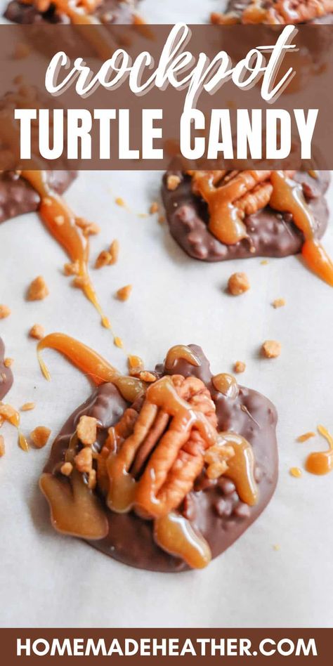 Crockpot Turtle Candy Recipe Crockpot Candy Pecans, Turtle Candy Recipe, Crockpot Candy Recipes, Turtle Candy, Nuts Recipes, Turtles Candy, Crockpot Candy, Chocolate Turtles, Creamy Caramel