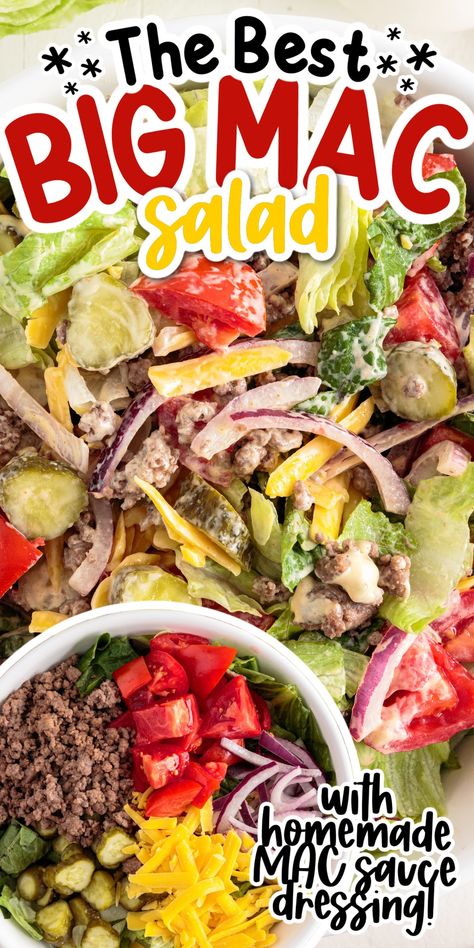 This cheeseburger salad recipe is just like a Big Mac except in salad form. It has all of the flavors of a Big Mac but uses simple ingredients that are healthy and even suitable for the low carb diet. Big Mac Salad Recipe, Cheeseburger Salad Recipe, Mac Salad Recipe, Cheeseburger Salad, Summer Pasta Salad Recipes, Big Mac Salad, Layered Salad Recipes, Mac Salad, Layered Salad