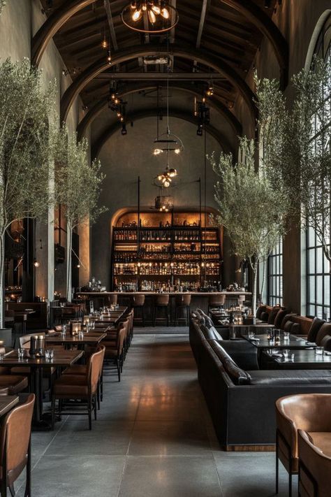 Fancy Hotel Restaurant, Award Winning Restaurant Design, Dark Moody Restaurant Interior, Rustic Bar Ideas Restaurant, Tuscan Restaurant Design, Modern Rustic Restaurant Interior, Upscale Restaurant Design, Industrial Style Restaurant Design, Restaurant Lobby Design