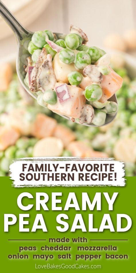 Creamy Pea Salad Pea Salad Recipes Cold, Easy Pea Salad, Precooked Bacon, Creamy Pea Salad, Savory Potato Salad, Pea Salad With Bacon, Snap Pea Salad, Pea Salad Recipes, Creamy Peas