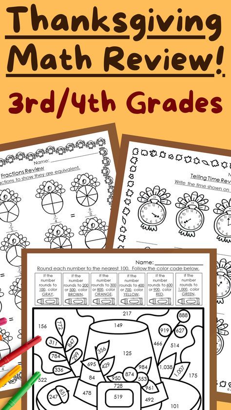 Make math review fun with these Thanksgiving-themed math practice and color by number worksheets! This no prep Thanksgiving math activities for 3rd grade printable resource includes 25 pages. These are the perfect addition to your fall lesson plans for November. You can use these as independent practice after teaching/reviewing a skill, complete a few each week during the Thanksgiving season, and/or put them out for early finishers! Math Activities For 3rd Grade, Thanksgiving Fractions, Thanksgiving Writing Prompts, Thanksgiving Writing Activity, Thanksgiving Math Activities, Fall Lesson Plans, Thanksgiving Worksheets, Thanksgiving Writing, Nouns And Pronouns